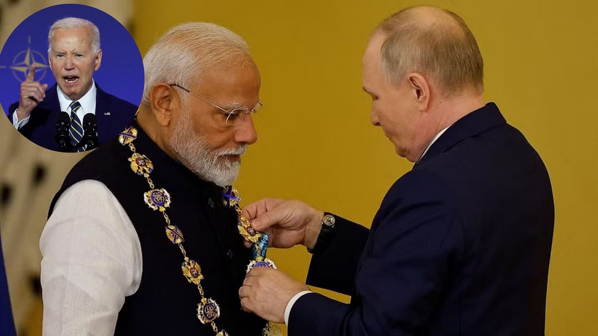 <div class="paragraphs"><p>President Vladimir Putin awards India's Prime Minister Narendra Modi with the Order of St. Andrew the Apostle the First-Called. Inset: Joe Biden.</p></div>